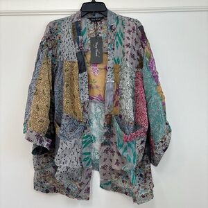 Young Threads Boho Patchwork Kimono Cardigan NWT XL Gray Multi Floral Paisley